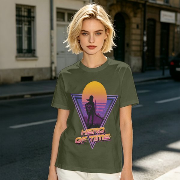 Olive green retro sunset graphic t-shirt with Hero of Time print