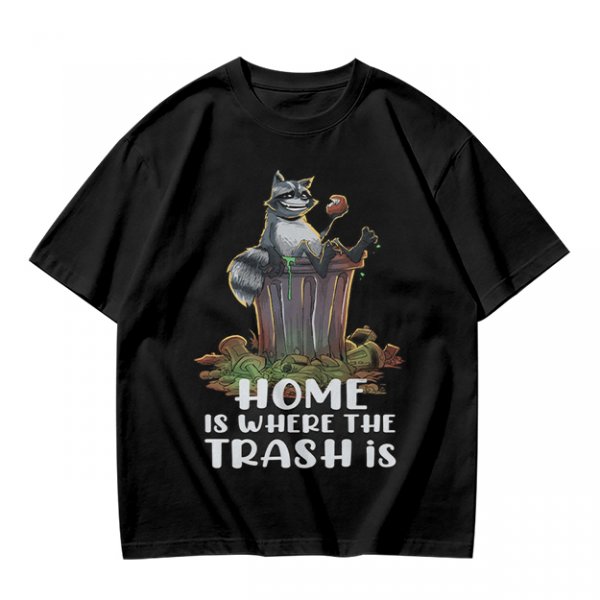 Olive t-shirt with raccoon in trash can and funny home quote
