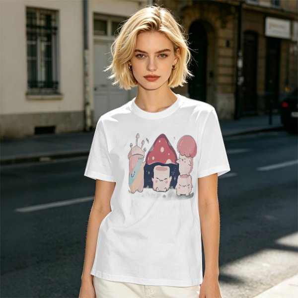 Olive Green T-Shirt With Cute Mushroom Creature Graphic