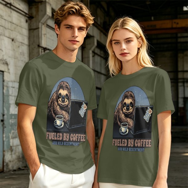Sloth working on laptop with coffee fueled by coffee and mild resentment t-shirt