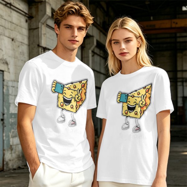Olive T-shirt with a cartoon cheese taking a selfie and making a peace sign