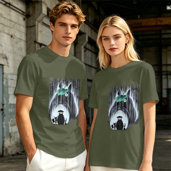 Olive T-shirt with My Neighbor Totoro Rain Scene Print