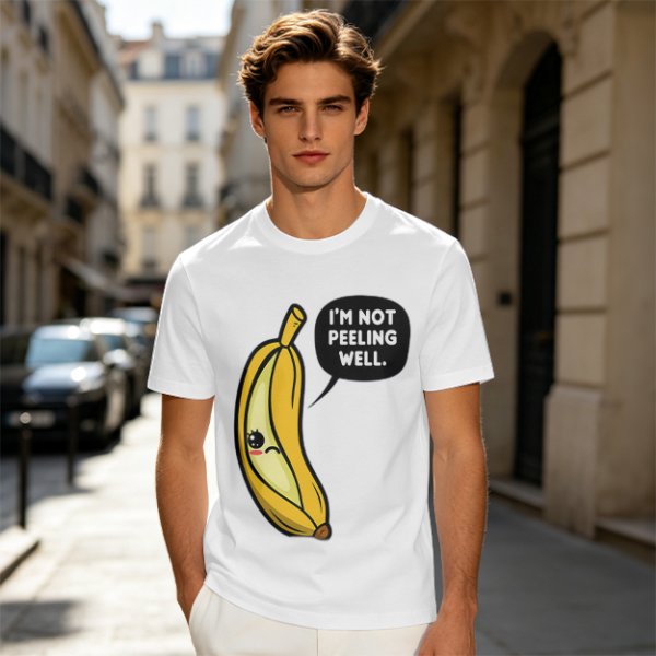 Olive T-shirt with sad banana graphic reading I'm not peeling well