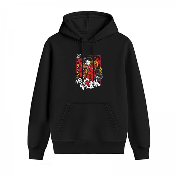 Black hoodie with One Piece themed Vega Punk graphic print