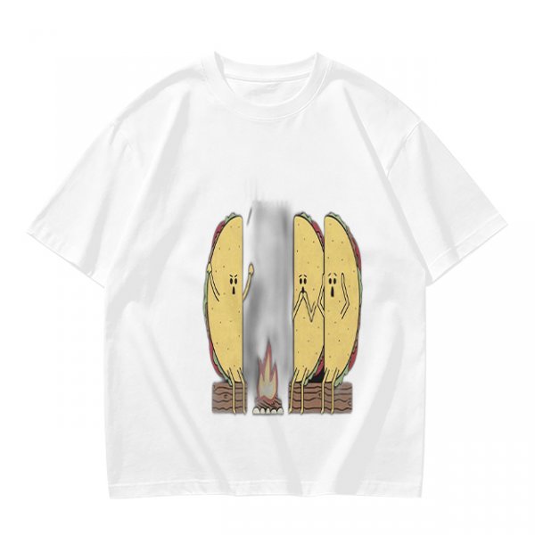 Olive T-Shirt With Funny Taco Characters Around A Campfire