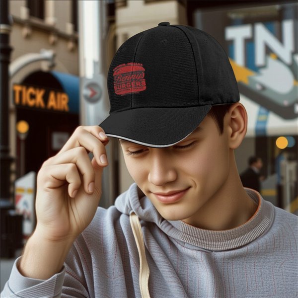 Black baseball cap with Benny's Burgers graphic print