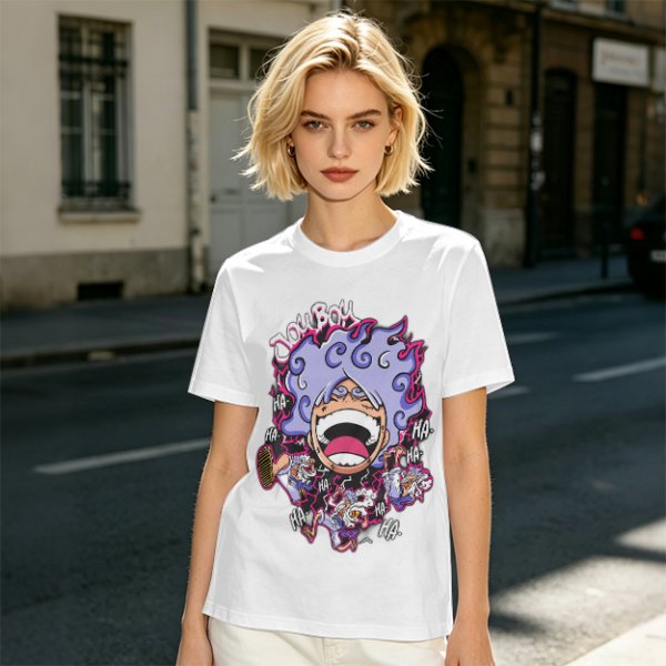 Olive T-shirt with Joyboy Gear 5 Luffy Laughing Anime Print