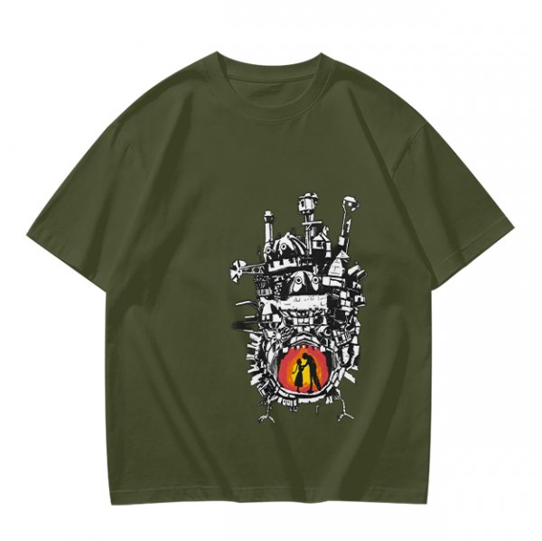 Olive T-shirt with Howl's Moving Castle Castle Print