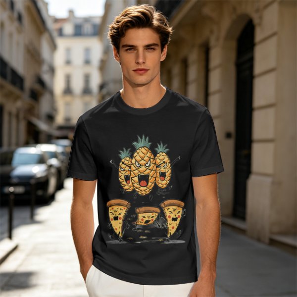 Olive T-Shirt With Angry Pineapple And Pizza Slice Cartoon Print