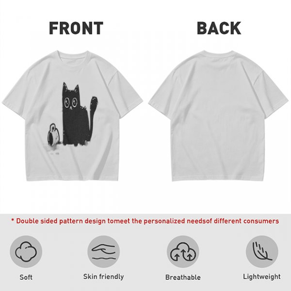Olive Green T-Shirt With Cute Surprised Black Cat And Bell Print