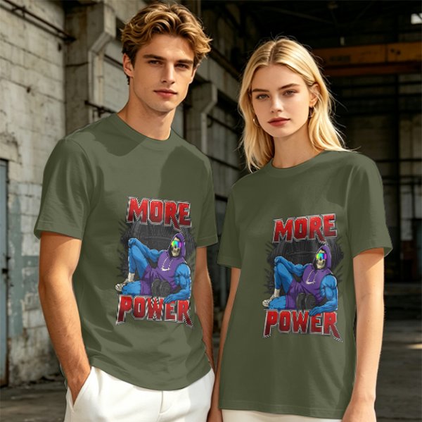 Olive Graphic T-Shirt with 'MORE POWER' and Muscular Skeleton Character