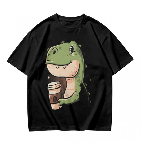 Olive T-shirt with Cute Dinosaur Holding Coffee Print