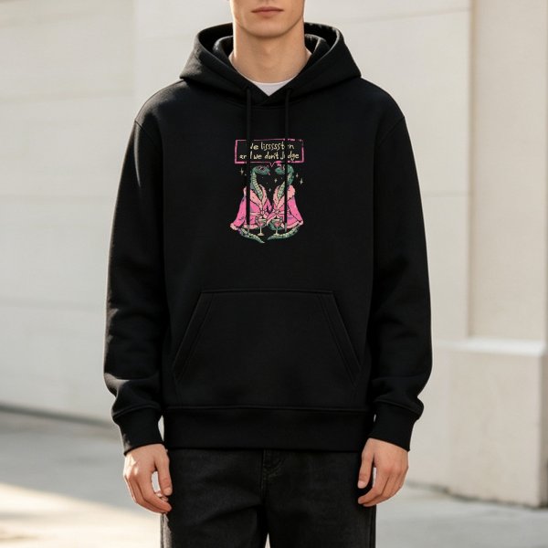 Black hoodie with snakes in robes graphic that says we listen or we don't judge