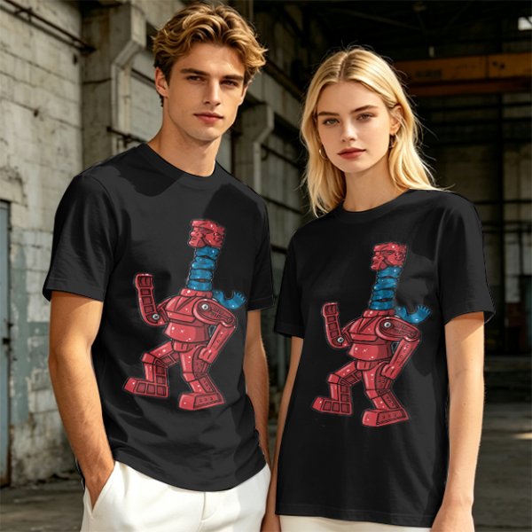 Olive Green T-Shirt with Retro Robot Graphic Print