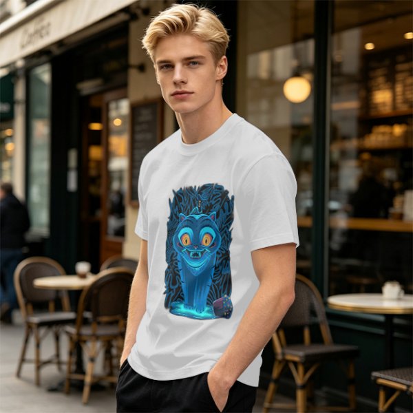 Olive T-shirt with Glowing Blue Cheshire Cat Graphic