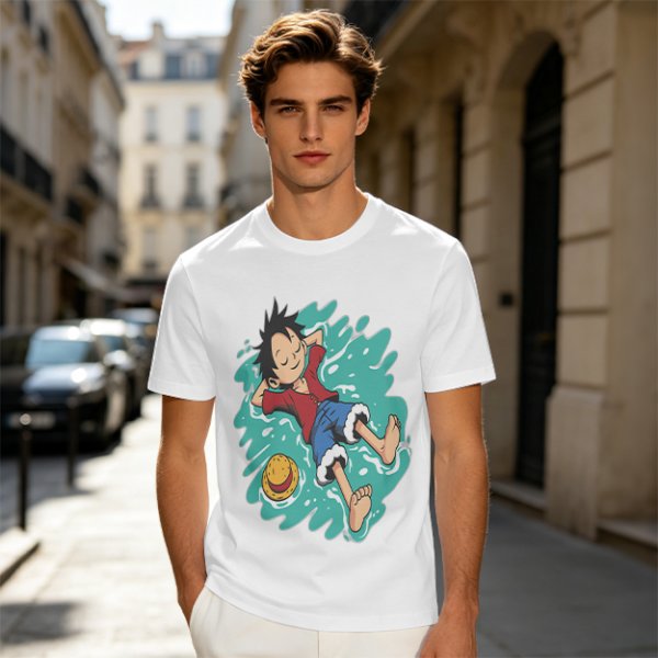 Olive anime t-shirt with Luffy relaxing in water print