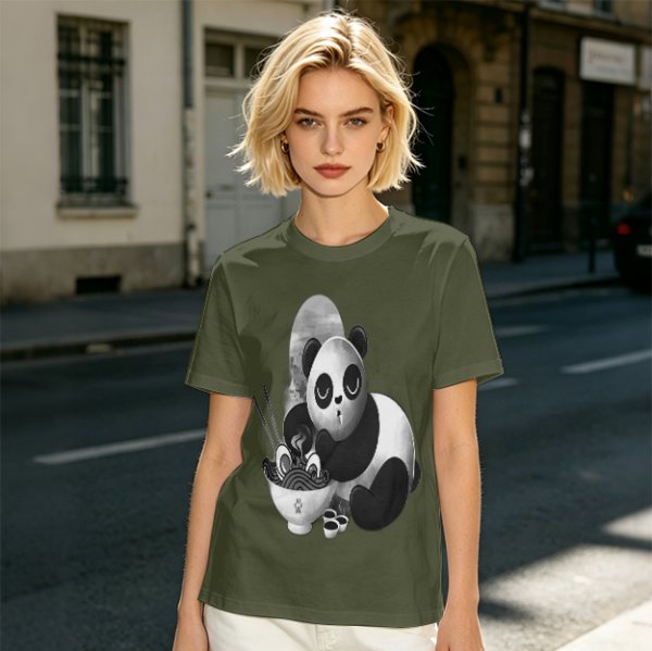 Olive T-Shirt With Panda Eating Ramen Graphic Print
