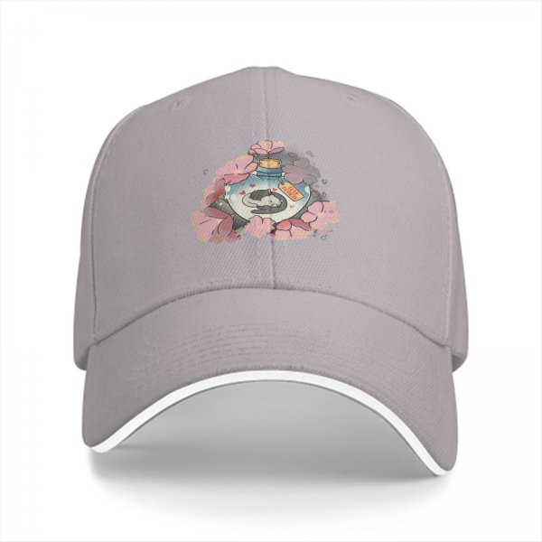 Black baseball cap with sleeping cat in potion bottle and pink flowers print