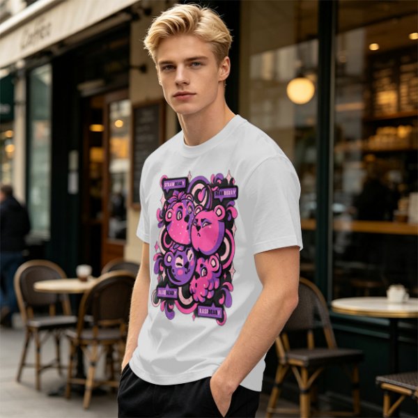 Olive T-shirt with playful bear-fruit graphic print