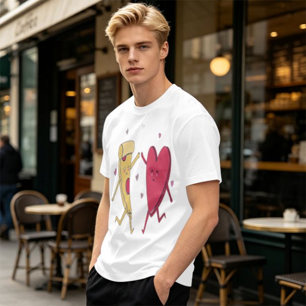 Olive T-Shirt with Dancing Pizza Slice and Heart Graphic