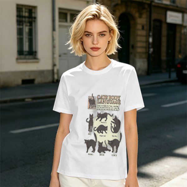 Olive T-Shirt With Cat Body Language Illustrations