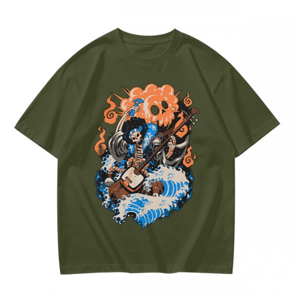 Olive T-shirt with Skeleton Musician Playing Guitar Over Ocean Waves