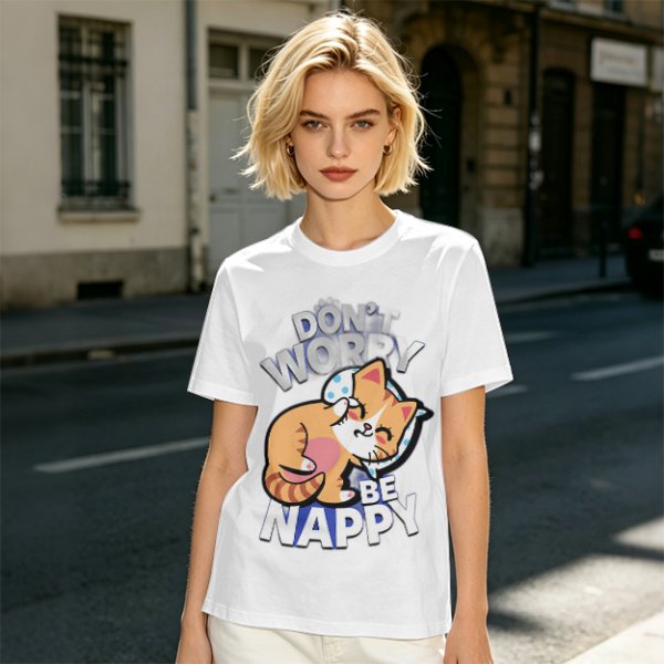 Olive T-Shirt with Don't Worry Be Nappy Sleeping Cat Graphic
