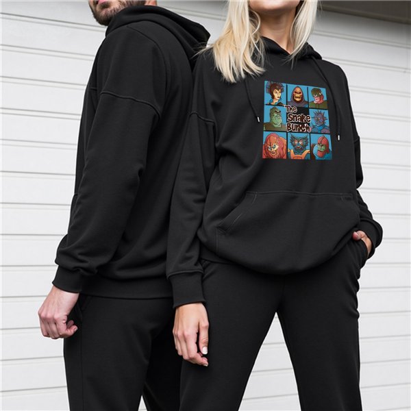 Black hoodie with Snake Bunch Masters of the Universe villain character grid print