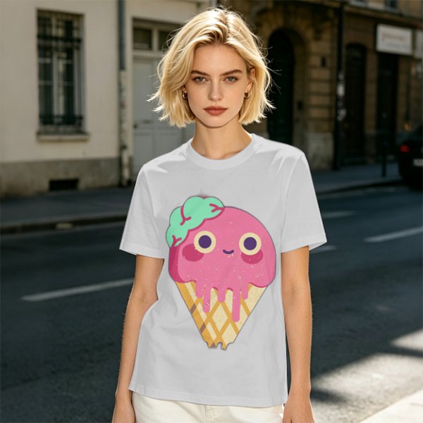 Olive T-Shirt With Cute Melting Pink Ice Cream Cone Graphic
