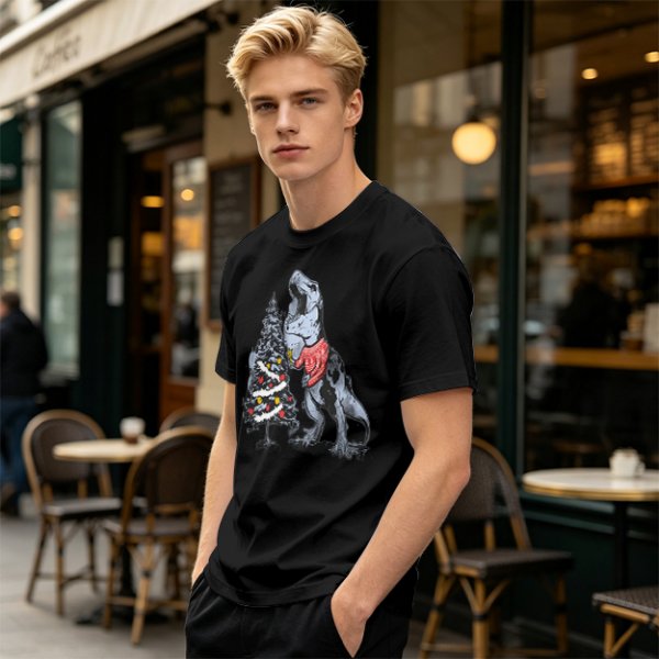 Olive T-shirt with T-Rex in Christmas sweater decorating a tree