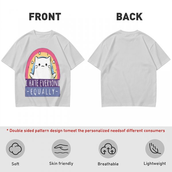 Olive graphic t-shirt with a white cat and 'I hate everyone equally' print
