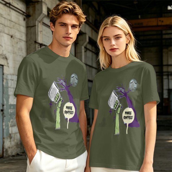 Olive Zombie Hand Holding Coffee Mug 'More Coffee!' Graphic T-Shirt