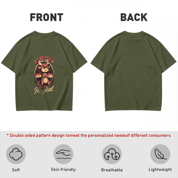 Olive graphic t-shirt with stressed but still magical dragon print