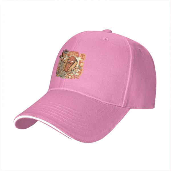 Black baseball cap with giant hot kaiju destroying city graphic