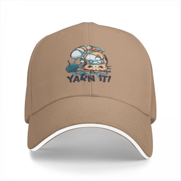 Black baseball cap with tangled orange cat and yarn it graphic