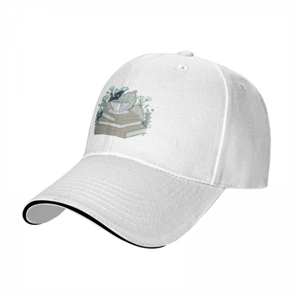 Black baseball cap with teacup on books and botanical print