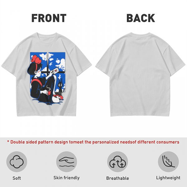 Olive t-shirt with Kiki's Delivery Service window print of girl reading letter