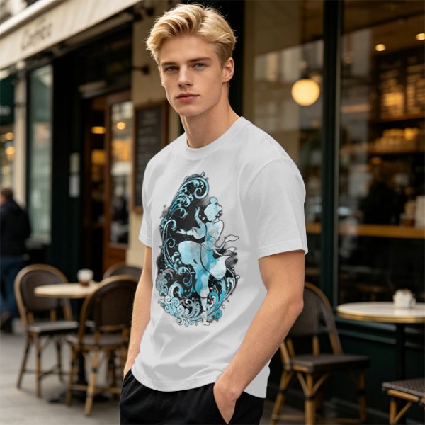 Olive T-shirt with Waterbender Character and Wave Art Print