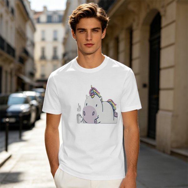 Olive green t-shirt with a chubby unicorn holding a steaming coffee cup