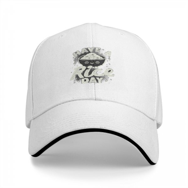 Black baseball cap with 'Have A Rice Day' kawaii rice bowl graphic