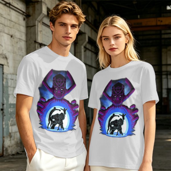 Olive T-Shirt Featuring Galactus Holding Silhouetted Superheroes