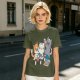 Olive T-Shirt With Cute Cats Enjoying Pizza And Snacks Print