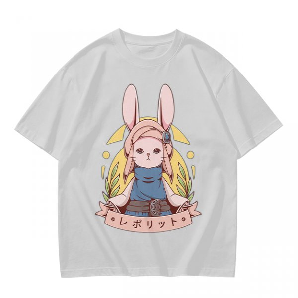 Olive T-shirt with Cute Rabbit Character and Japanese Text Print
