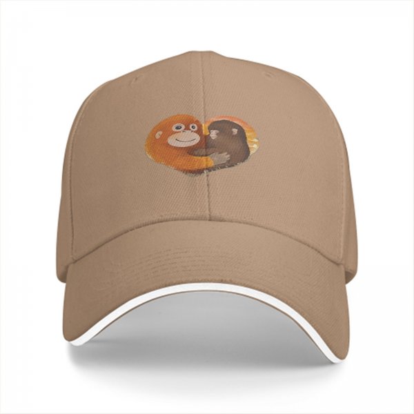 Black Baseball Cap With Hugging Monkeys Heart Design