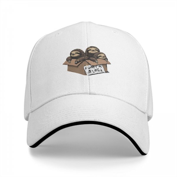Black baseball cap with three sloths in a box that says adopt a sloth