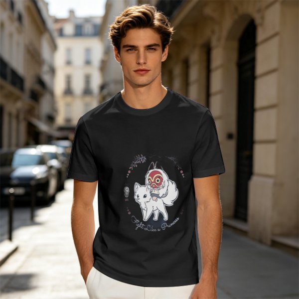 Olive T-Shirt With Chibi Princess Mononoke Wolf Rider Artwork