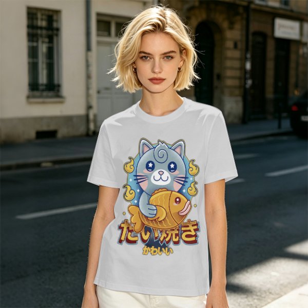 Olive green t-shirt with cute gray cat holding taiyaki graphic
