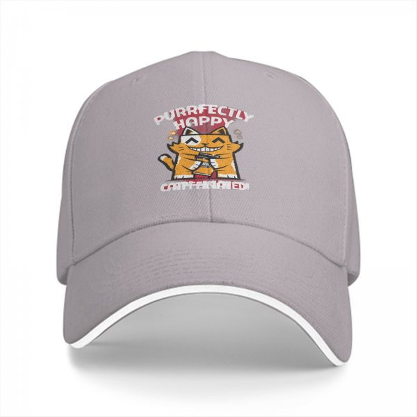 Black baseball cap with 'Purrfectly Happy Caffeinated' cat graphic