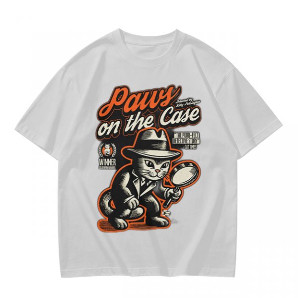 Olive t-shirt with detective cat 'Paws on the Case' graphic