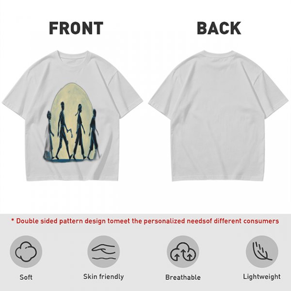 Olive T-shirt with Walking Silhouettes Under a Large Moon